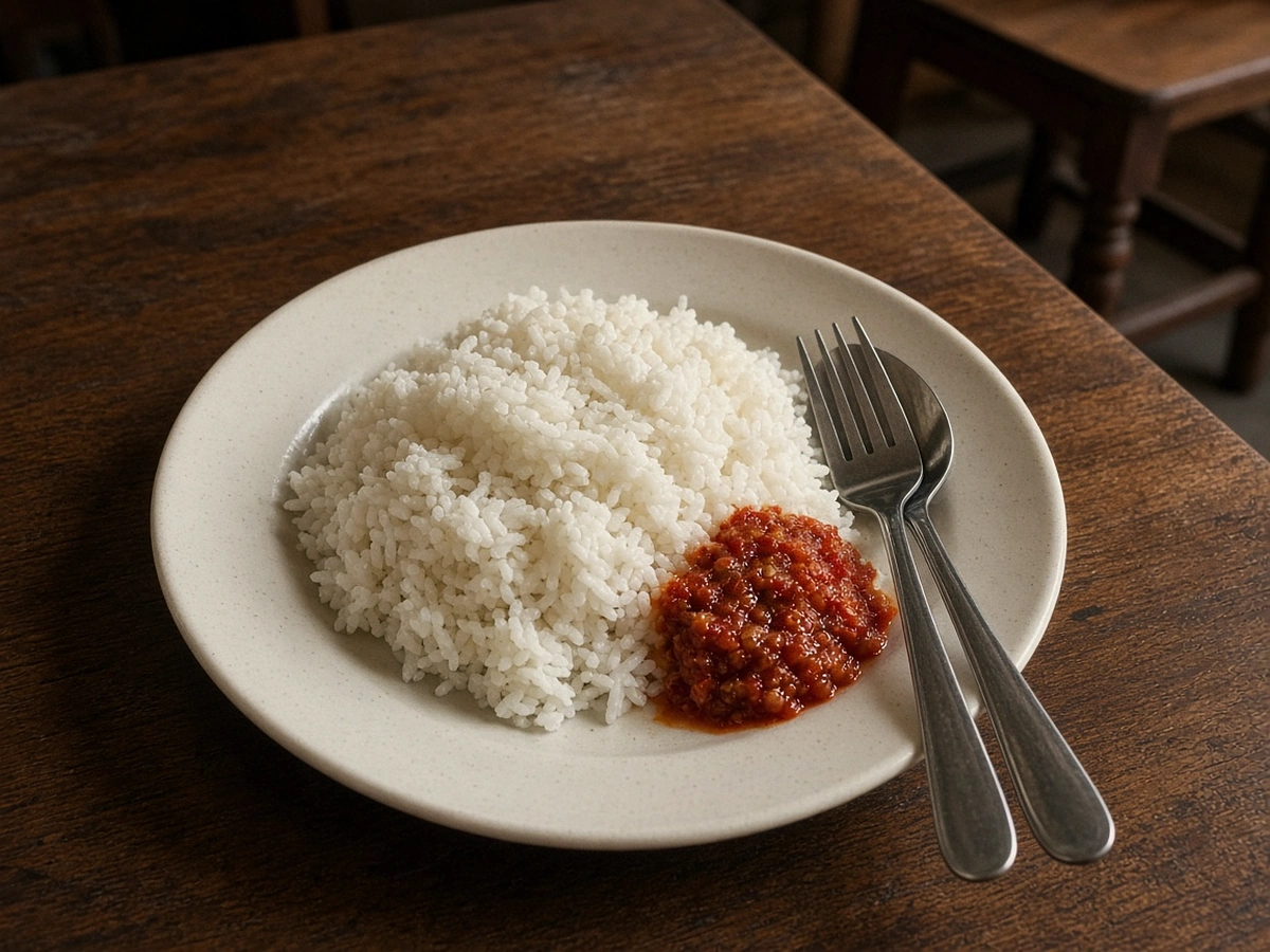 Bord rijst met een schepje sambal aan de rand