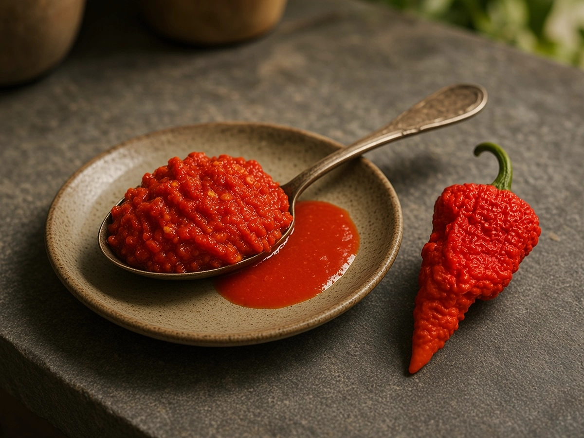 Grove sambal op een lepel naast dunne hot sauce